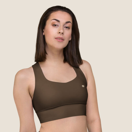 Top UNSEEN MOVE in espresso brown with sand print, sustainable activewear by Miss Piggy.