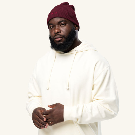 EMBER organic cotton beanie in burgundy embroidered in lipstick pink thread by Miss Piggy – Soulwear.