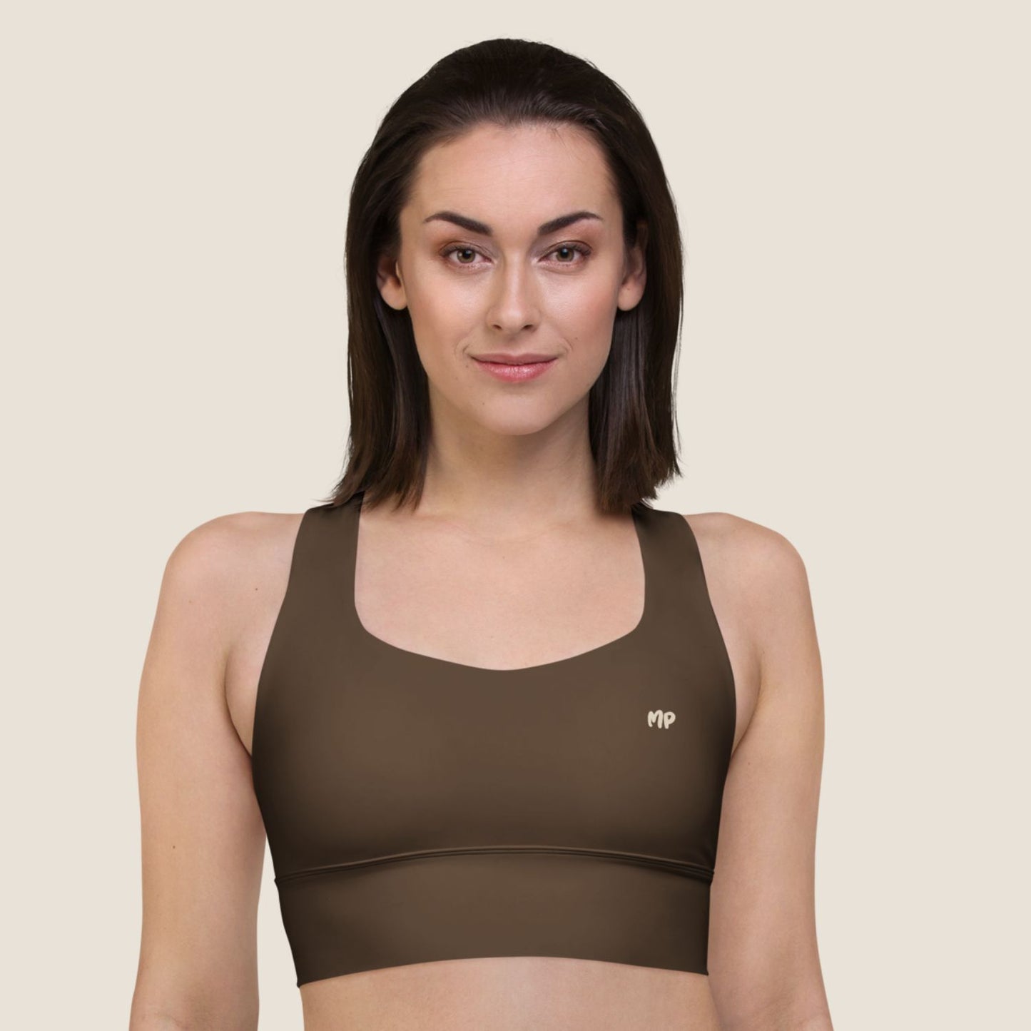 Top UNSEEN MOVE in espresso brown with sand print, sustainable activewear by Miss Piggy.