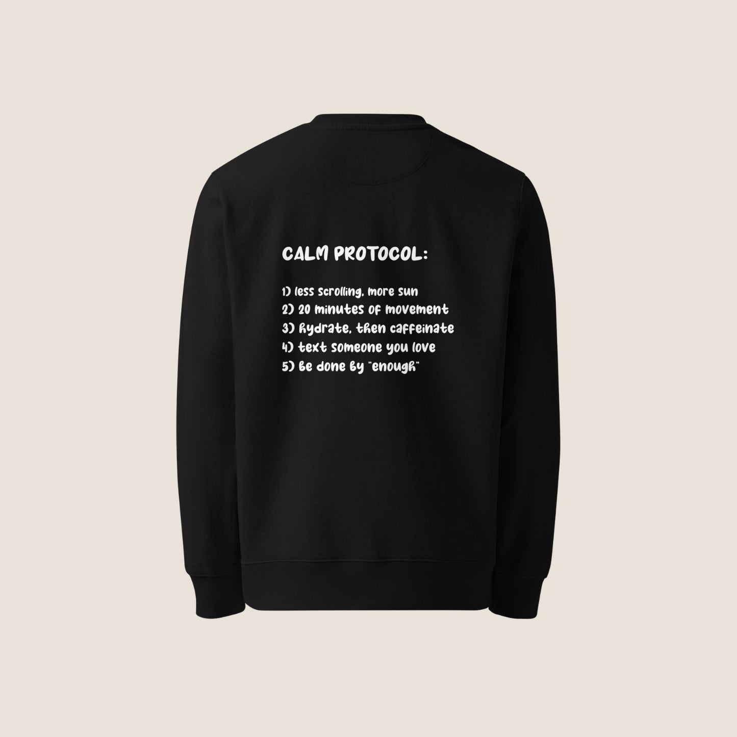 Unisex PROTOCOL Organic Sweater in black with white print, minimalist sustainable design by Miss Piggy.