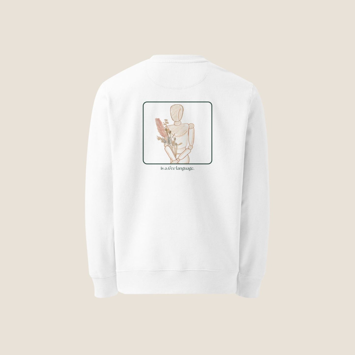 Unisex CONSISTENCY Organic Sweater in white with green print, minimalist sustainable design by Miss Piggy.