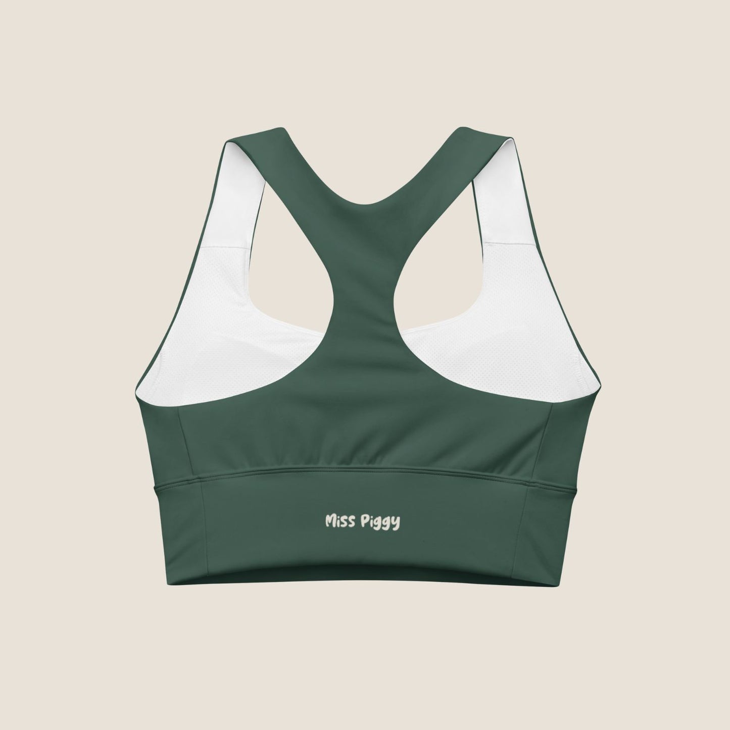 DEEP MOVE Top in forest green with off-white print, made from recycled fabric by Miss Piggy – Soulwear.