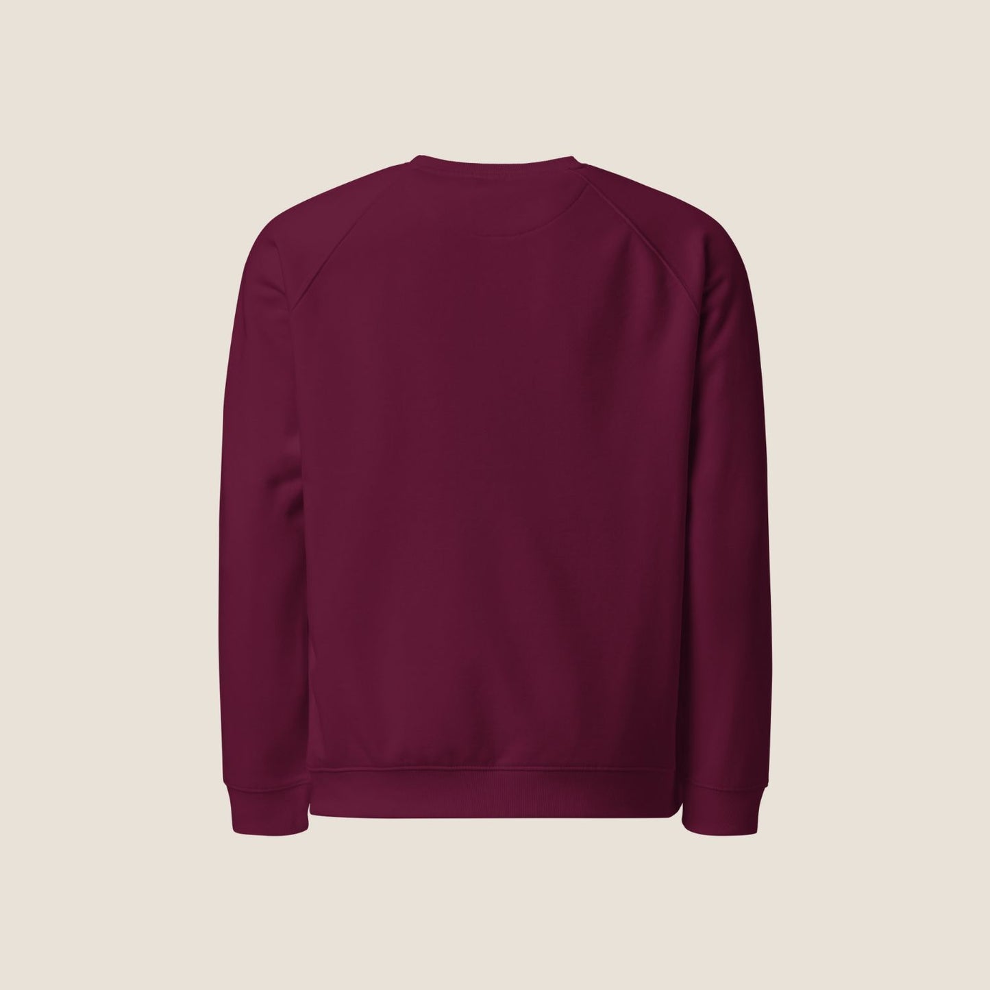 Unisex FEEL Blend Sweater in burgundy with lipstick pink embroidery, minimalist sustainable design by Miss Piggy.