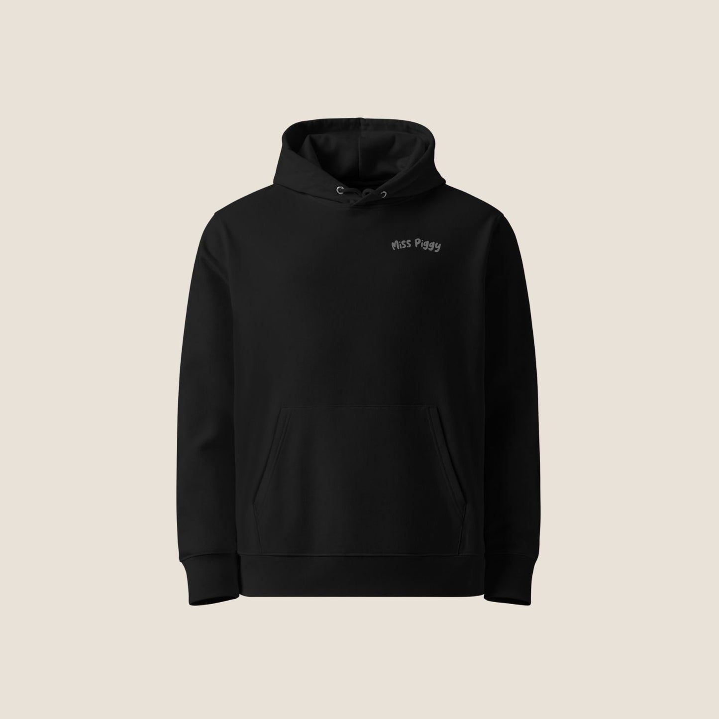 CALM Organic Hoodie in black with charcoal print, minimal sustainable fashion by Miss Piggy.