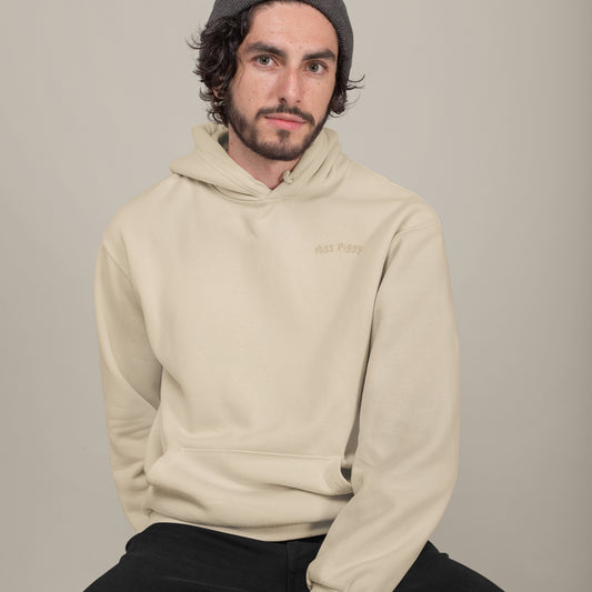 CALM Organic Hoodie in desert beige with camel print, sustainable comfort made from organic cotton.