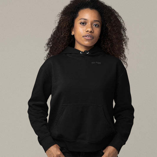 CALM Organic Hoodie in black with charcoal print, minimal sustainable fashion by Miss Piggy.
