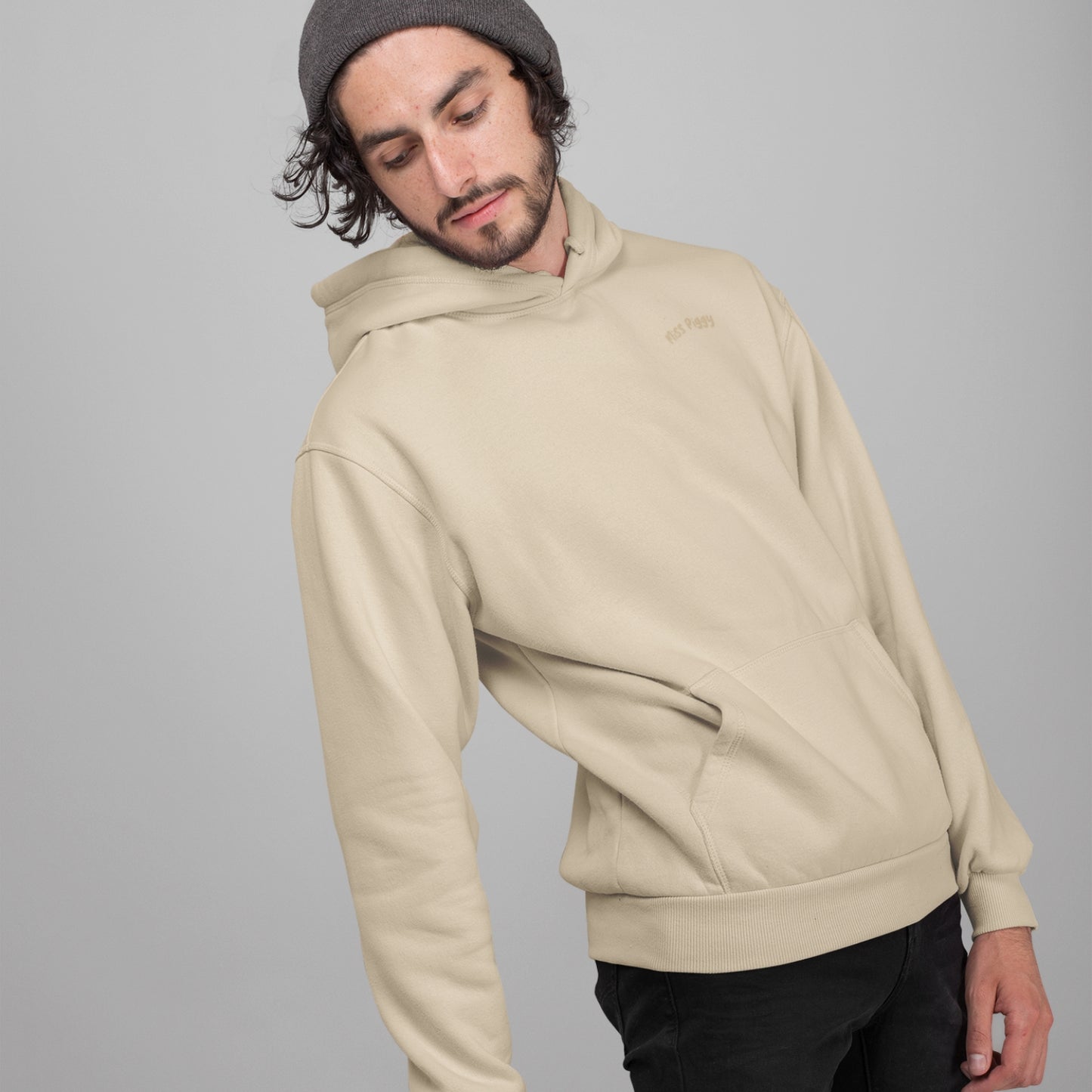 CALM Organic Hoodie in desert beige with camel print, sustainable comfort made from organic cotton.
