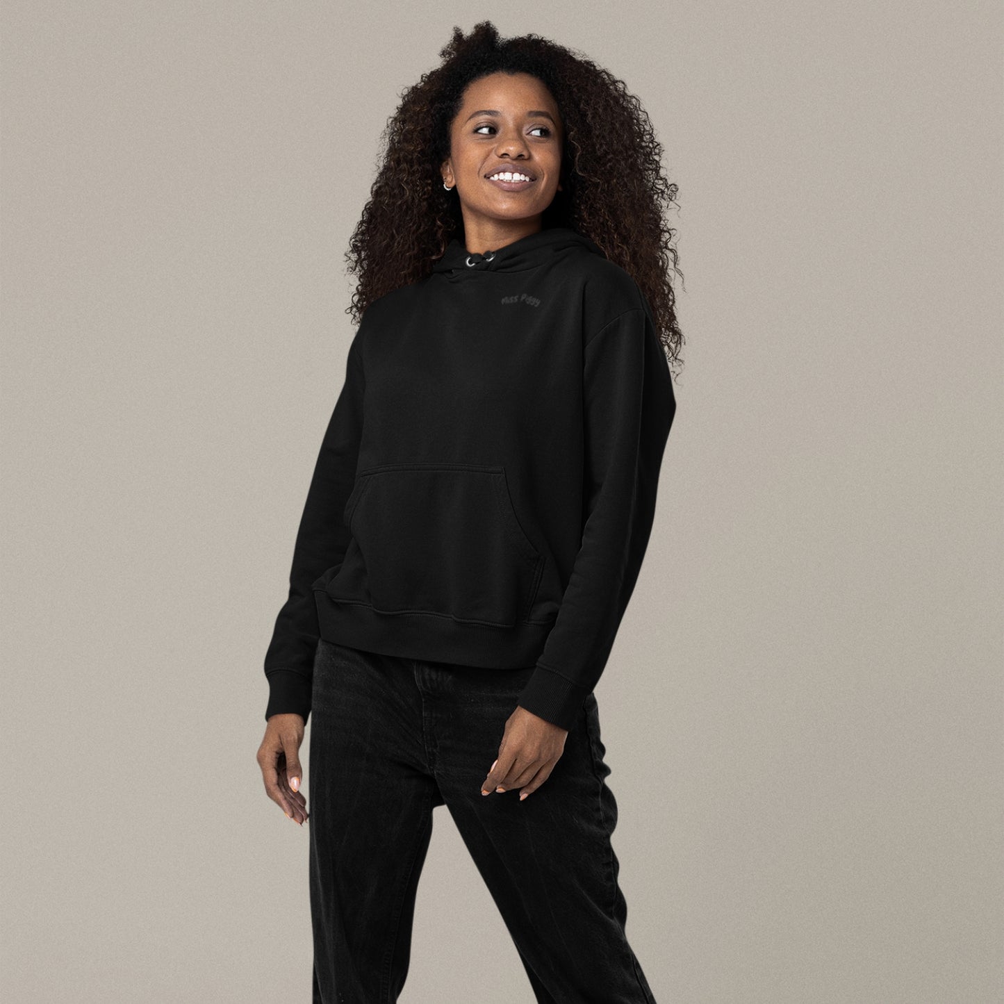 CALM Organic Hoodie in black with charcoal print, minimal sustainable fashion by Miss Piggy.