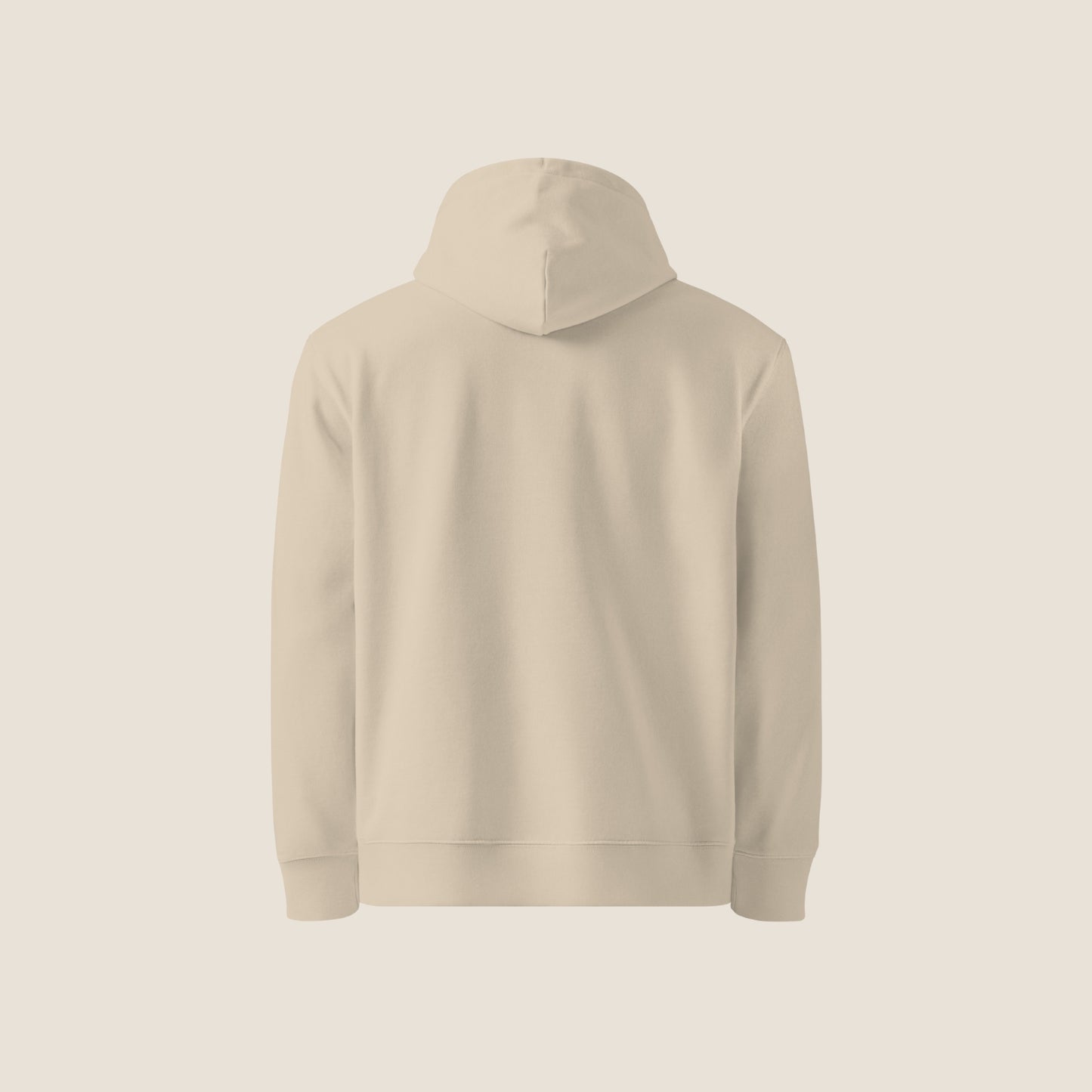 CALM Organic Hoodie in desert beige with camel print, sustainable comfort made from organic cotton.