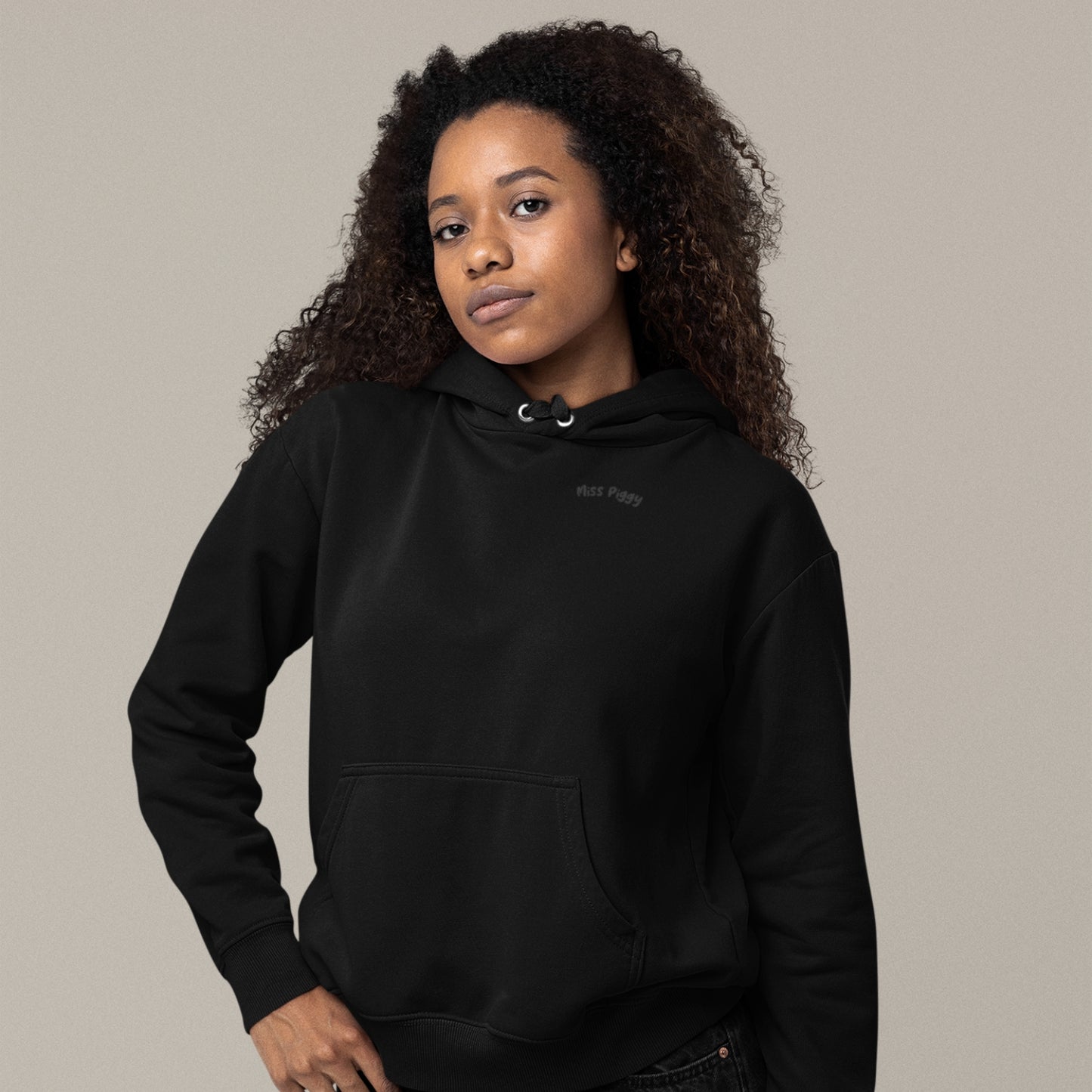 CALM Organic Hoodie in black with charcoal print, minimal sustainable fashion by Miss Piggy.