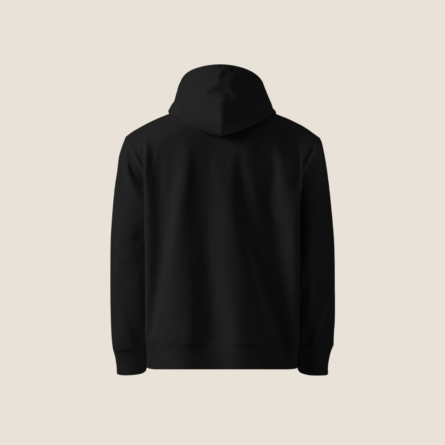 CALM Organic Hoodie in black with charcoal print, minimal sustainable fashion by Miss Piggy.