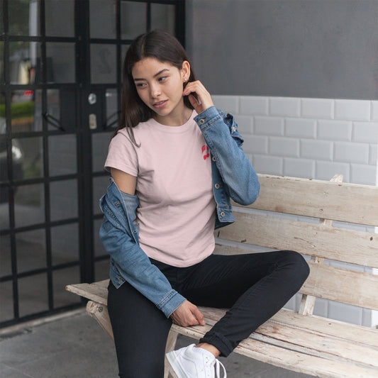 Cherry Organic Tee in pink with cherry red chest print, unisex fit, 100% organic cotton.