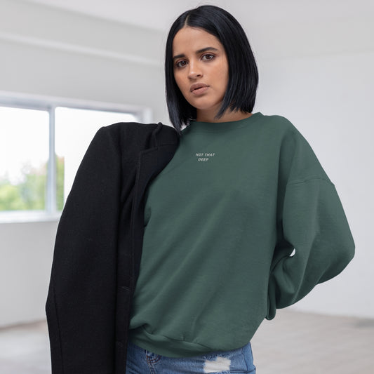 Unisex DEEP Recycled Sweater in forest green with off-white print, sustainable comfort by Miss Piggy – Soulwear.