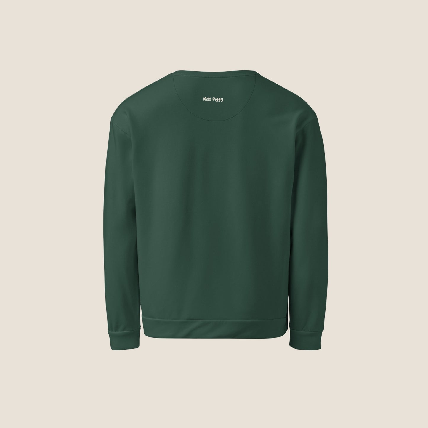 Unisex DEEP Recycled Sweater in forest green with off-white print, sustainable comfort by Miss Piggy – Soulwear.