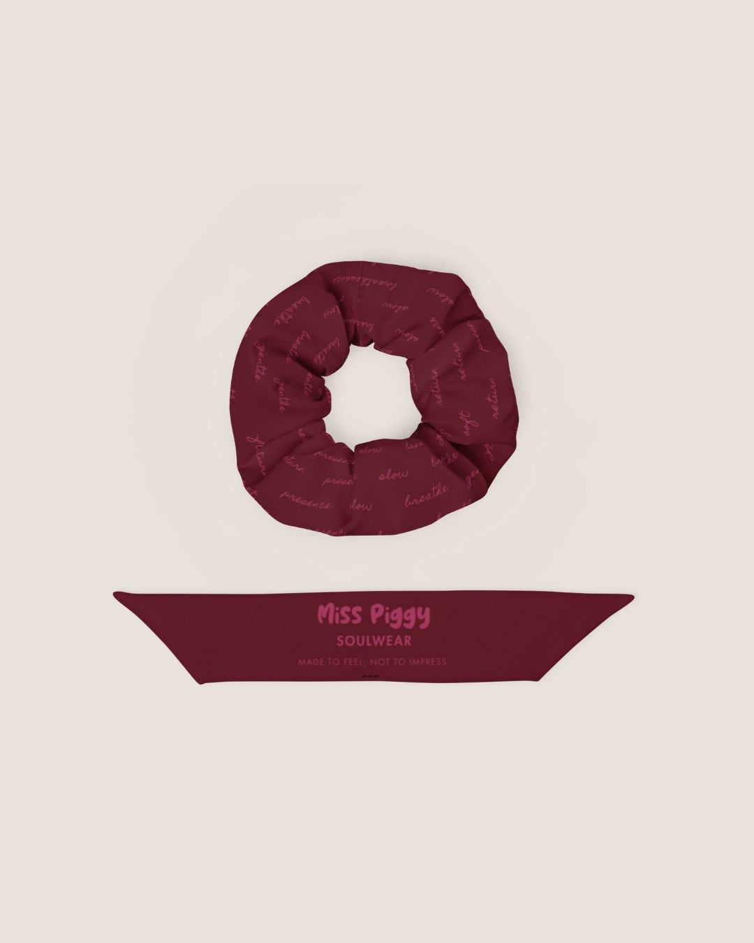 MESSAGE recycled scrunchie in burgundy by Miss Piggy – Soulwear.