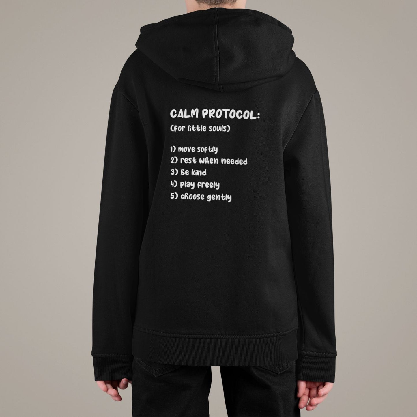 Protocol Organic Kids Hoodie in black with minimal Miss Piggy print in front and back with protocol-style list design.