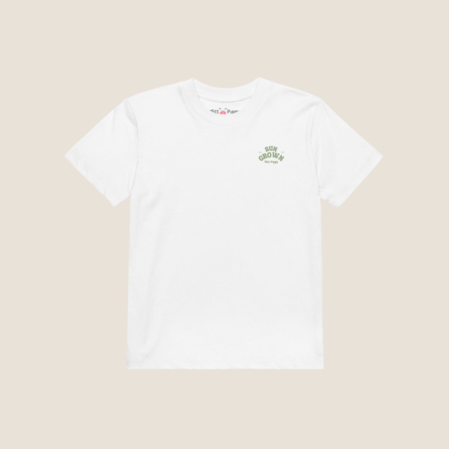 SUN GROW kids organic t-shirt by Miss Piggy – Soulwear Kids tee in white and matcha print