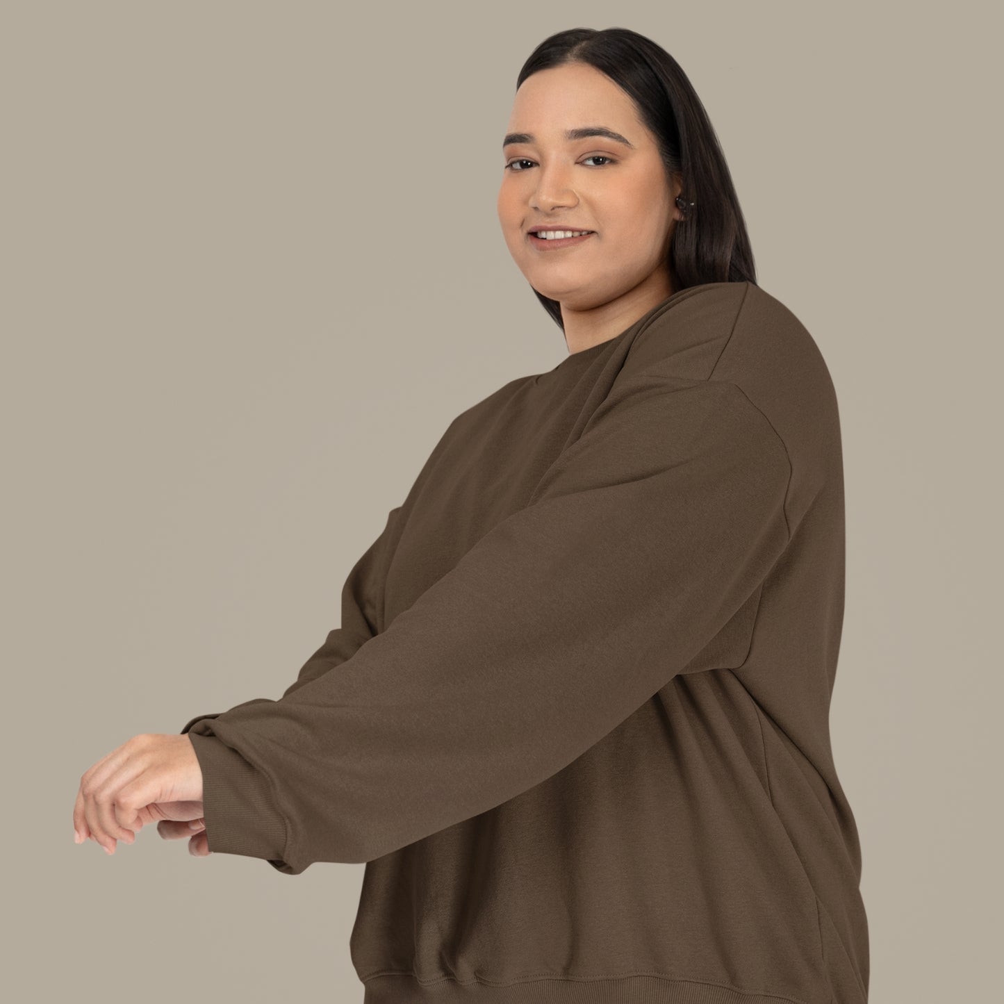 Unisex UNSEEN Recycled Sweater in espresso brown with sand print, minimalist sustainable design by Miss Piggy.