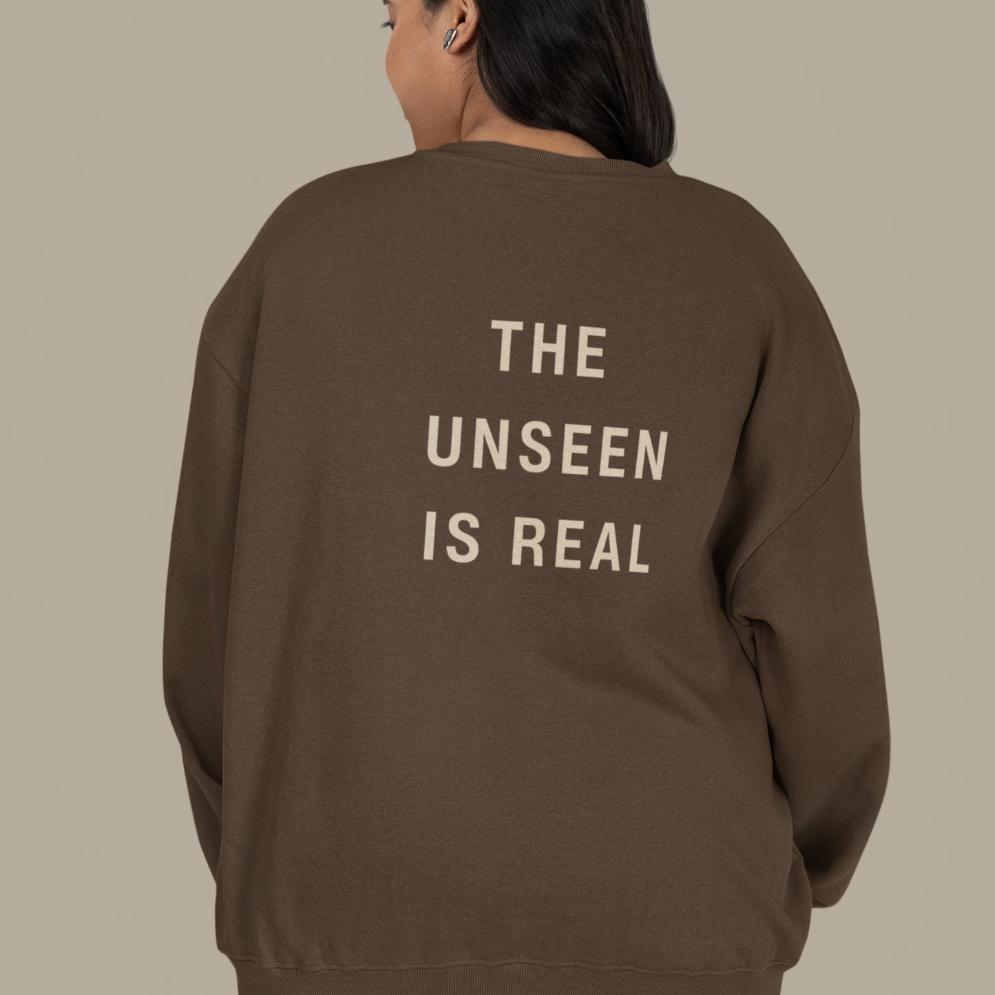 Unisex UNSEEN Recycled Sweater in espresso brown with sand print, minimalist sustainable design by Miss Piggy.