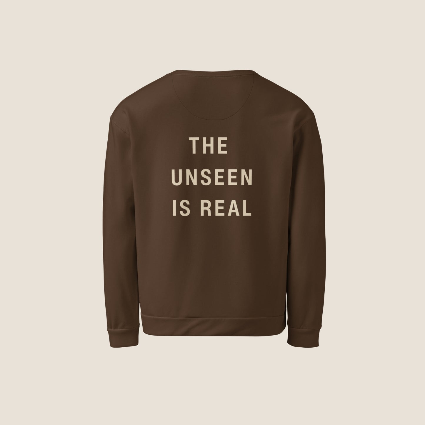 Unisex UNSEEN Recycled Sweater in espresso brown with sand print, minimalist sustainable design by Miss Piggy.