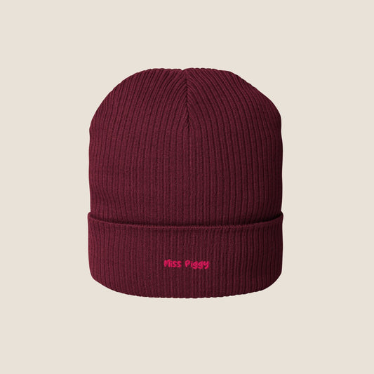 EMBER organic cotton beanie in burgundy embroidered in lipstick pink thread by Miss Piggy – Soulwear.