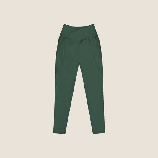 DEEP MOVE Leggings in forest green with off-white print, made from recycled materials.