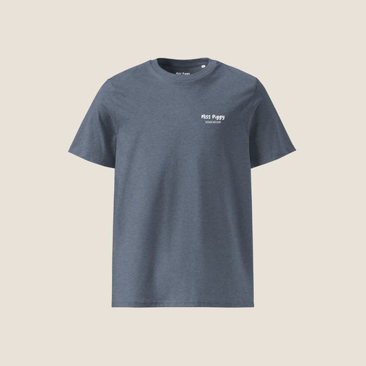 Unisex YOU Organic T-shirt in heather blue with white print, minimalist sustainable design by Miss Piggy.