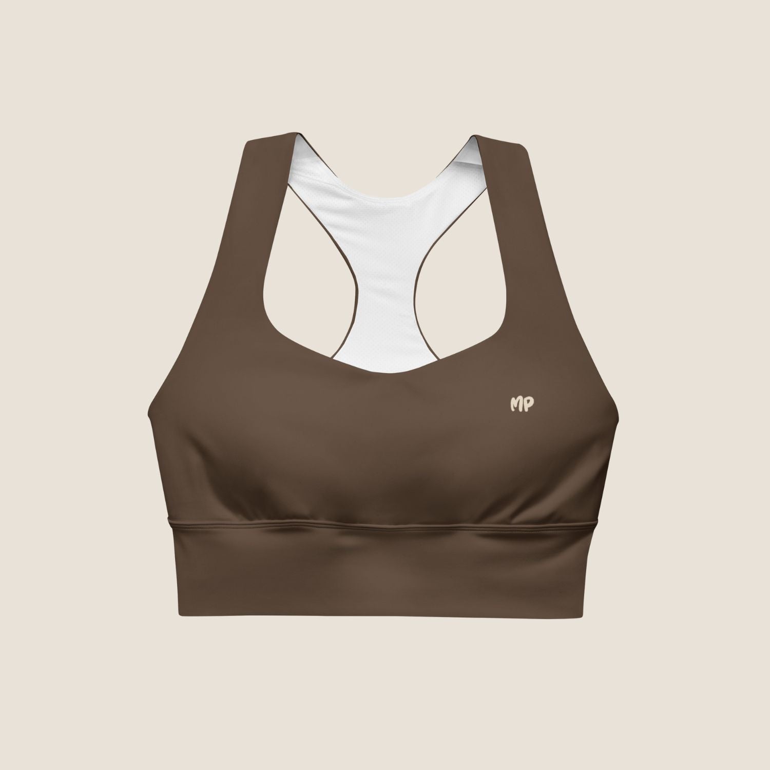 Top UNSEEN MOVE in espresso brown with sand print, sustainable activewear by Miss Piggy.