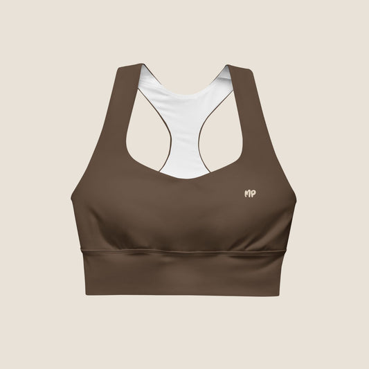 Top UNSEEN MOVE in espresso brown with sand print, sustainable activewear by Miss Piggy.