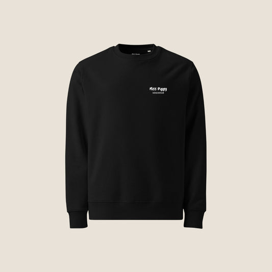 Unisex PROTOCOL Organic Sweater in black with white print, minimalist sustainable design by Miss Piggy.