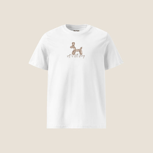 Unisex SOFT Organic T-shirt in white with brown print, minimalist sustainable design by Miss Piggy.