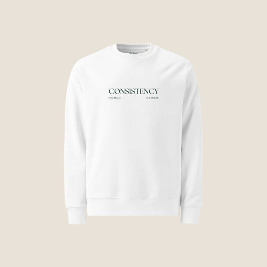 Unisex CONSISTENCY Organic Sweater in white with green print, minimalist sustainable design by Miss Piggy.