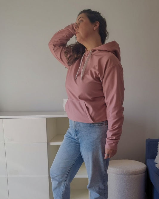 MISS PIGGY BASICS Recycled Hoodie in clay pink with mauve print, sustainable comfort made from recycled polyester.