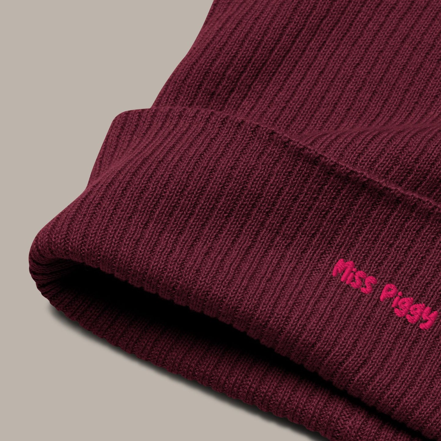 EMBER organic cotton beanie in burgundy embroidered in lipstick pink thread by Miss Piggy – Soulwear.
