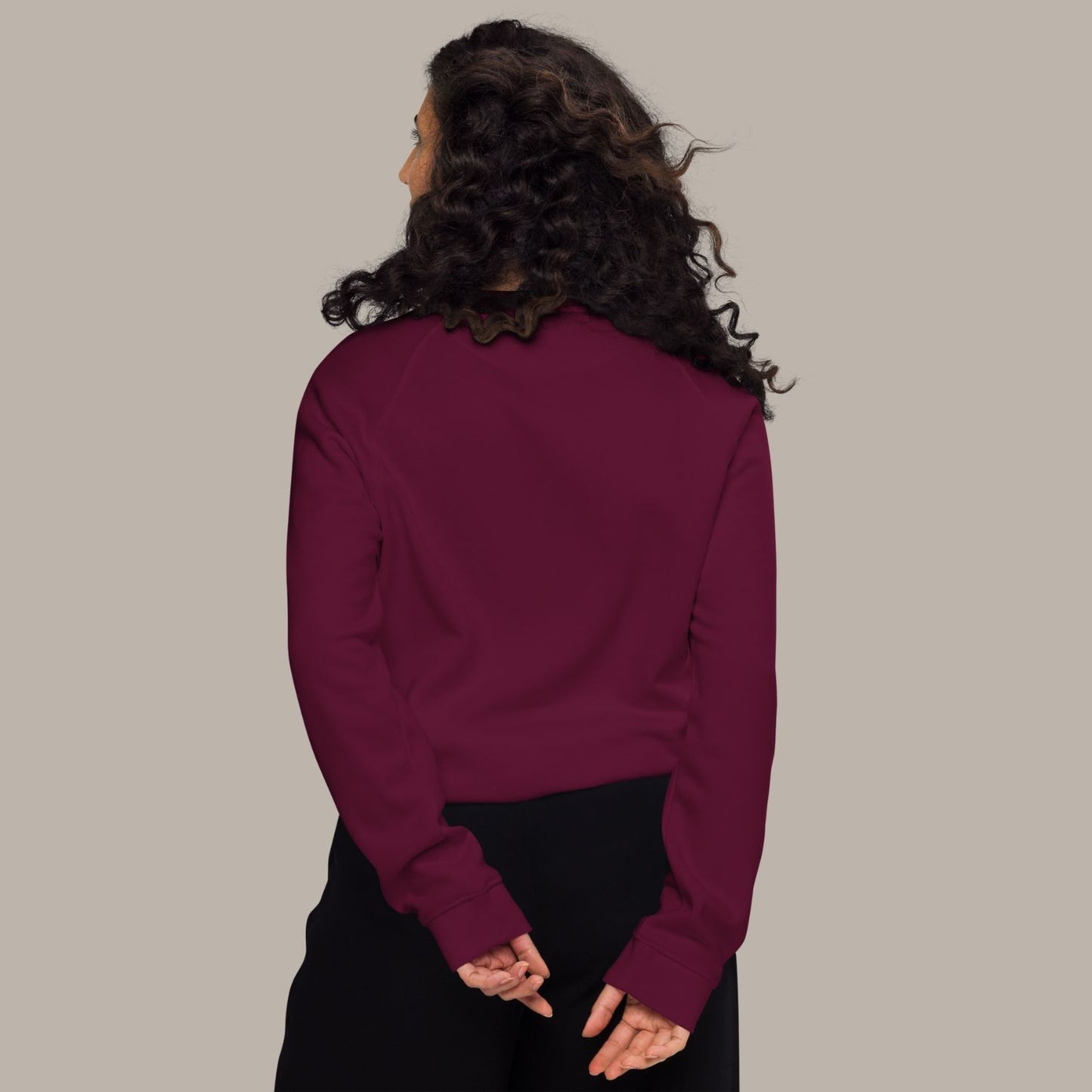 Unisex FEEL Blend Sweater in burgundy with lipstick pink embroidery, minimalist sustainable design by Miss Piggy.