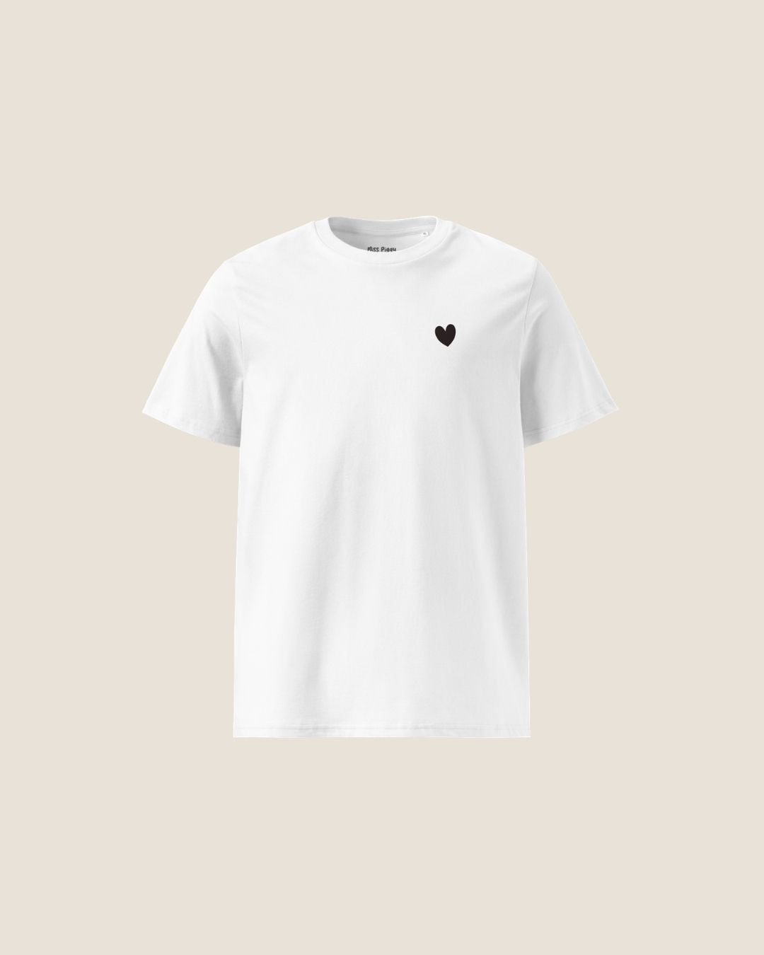 Unisex HEART Organic T-shirt in white, minimalist sustainable design by Miss Piggy.