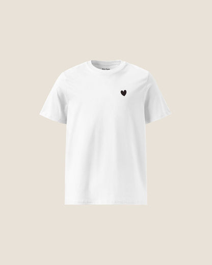 Unisex HEART Organic T-shirt in white, minimalist sustainable design by Miss Piggy.
