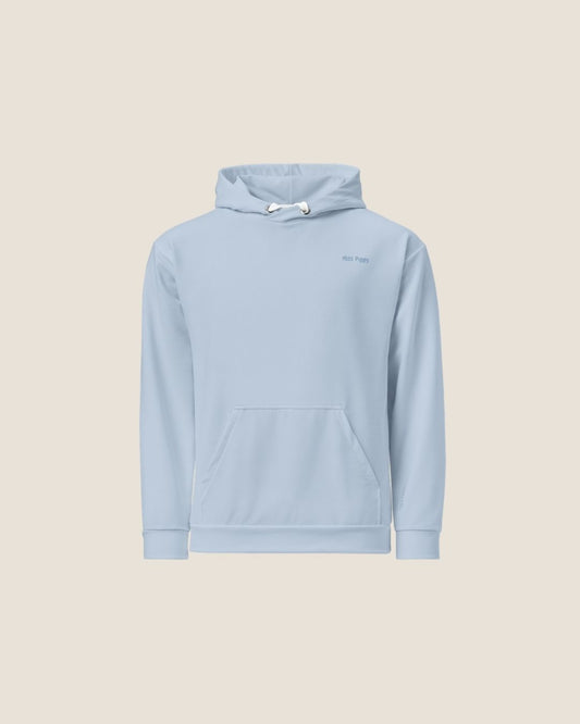 MISS PIGGY BASICS Recycled Hoodie in baby blue with blue print, sustainable comfort made from recycled polyester.