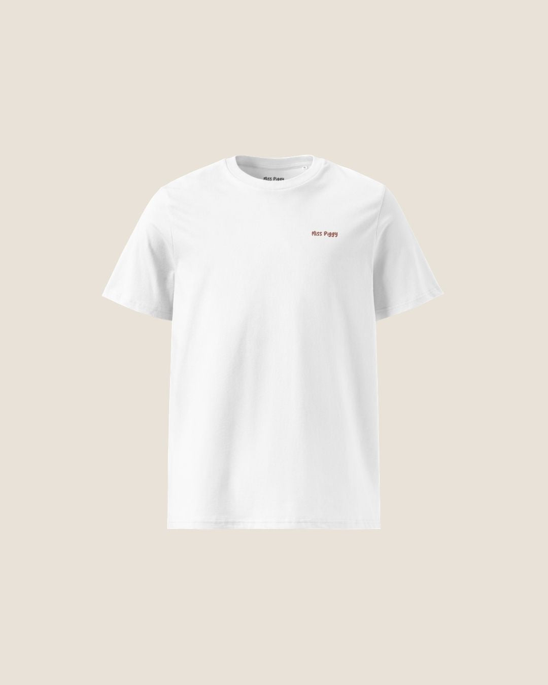 Unisex MORE YOU Organic T-shirt in white with a bold  back print, minimalist sustainable design by Miss Piggy.