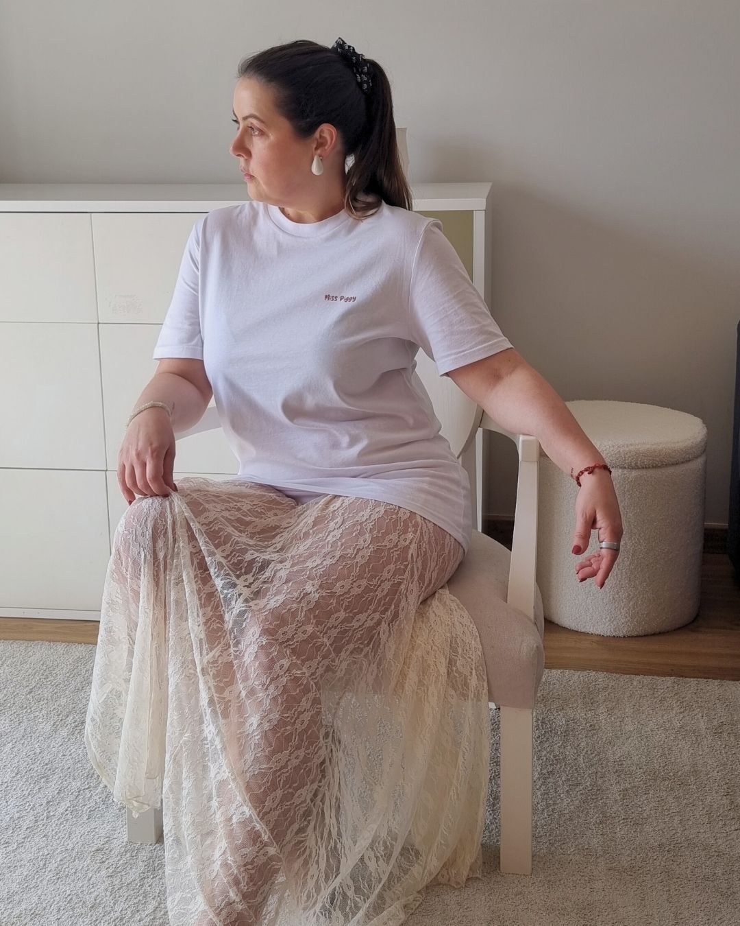 Unisex MORE YOU Organic T-shirt in white with a bold  back print, minimalist sustainable design by Miss Piggy.