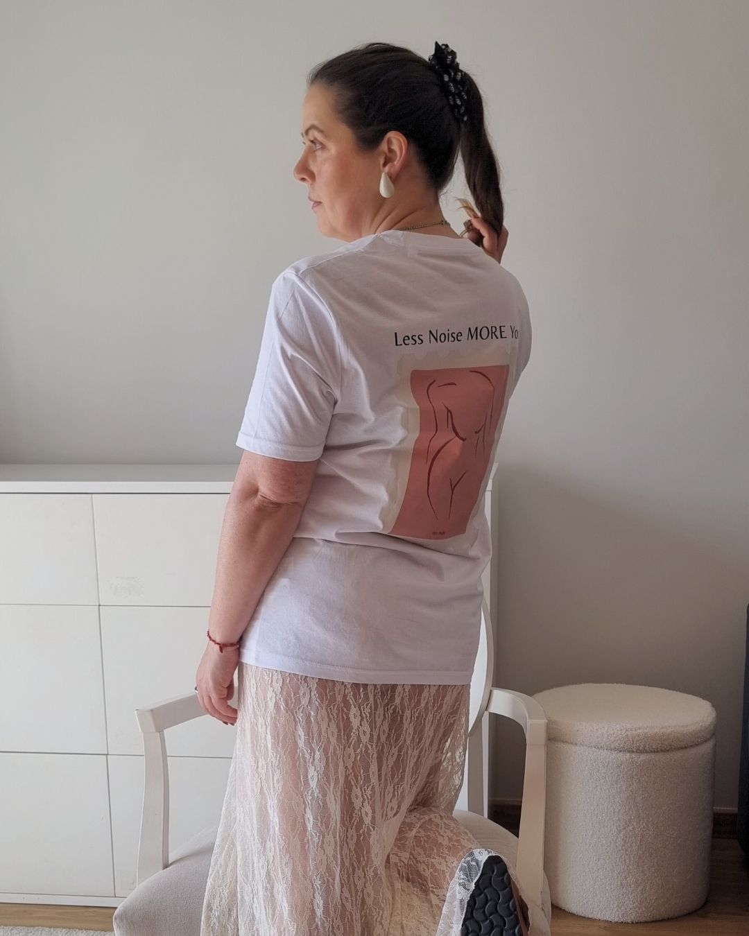 Unisex MORE YOU Organic T-shirt in white with a bold  back print, minimalist sustainable design by Miss Piggy.