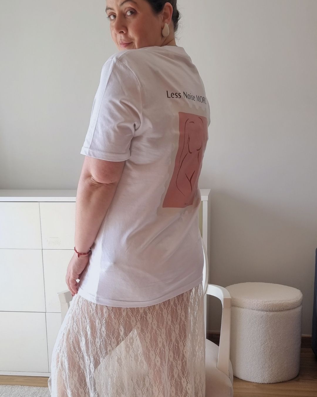 Unisex MORE YOU Organic T-shirt in white with a bold  back print, minimalist sustainable design by Miss Piggy.