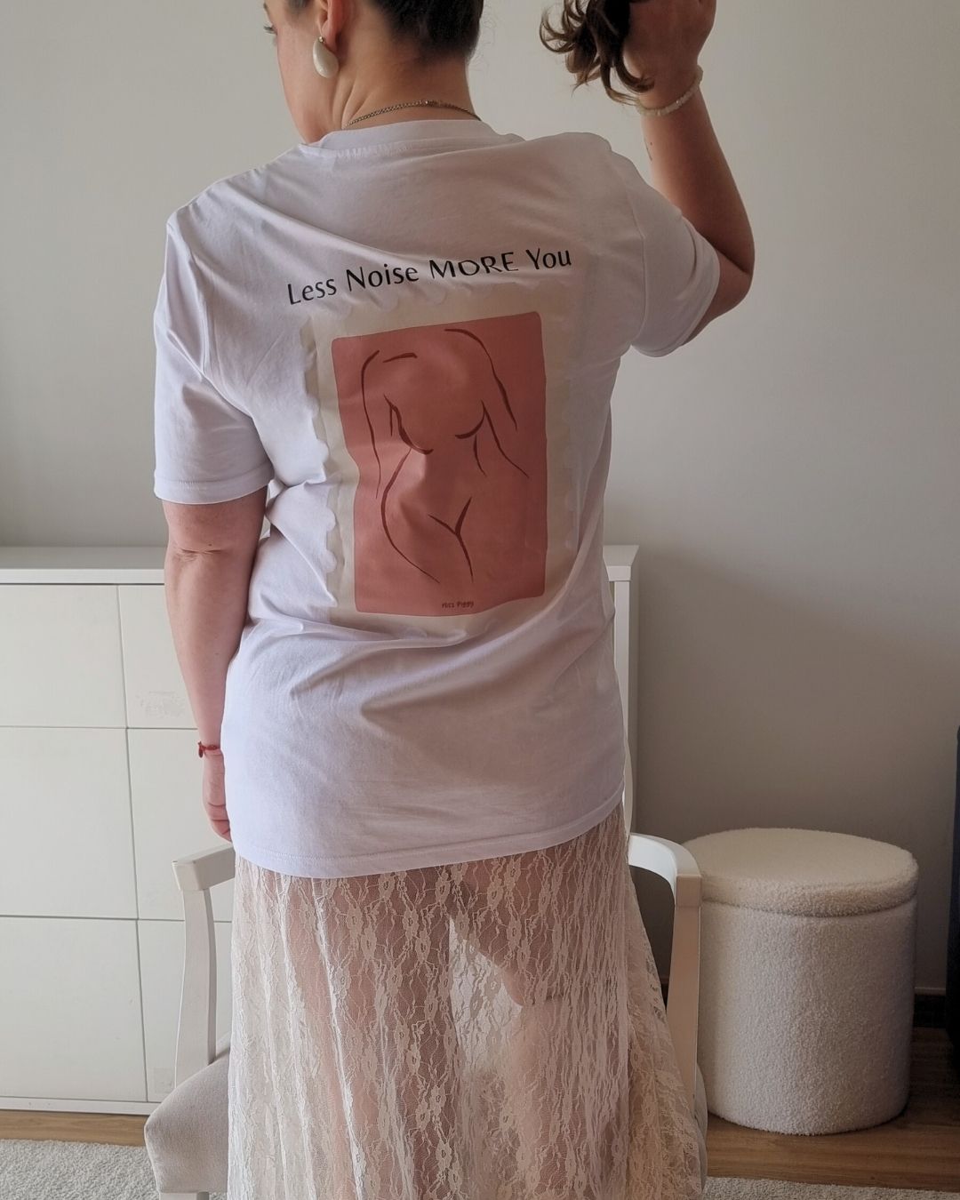 Unisex MORE YOU Organic T-shirt in white with a bold  back print, minimalist sustainable design by Miss Piggy.