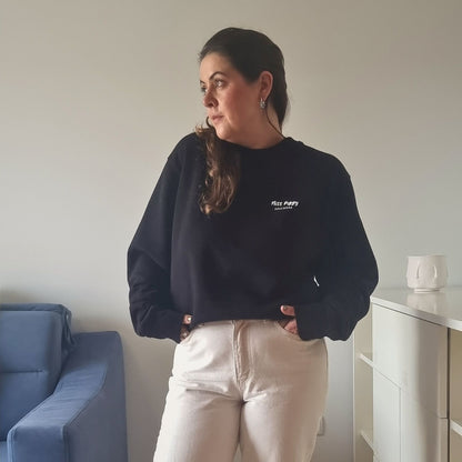 Unisex PROTOCOL Organic Sweater in black with white print, minimalist sustainable design by Miss Piggy.