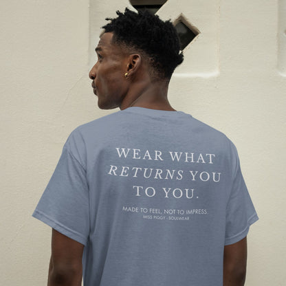Unisex RETURN TO YOU Organic T-shirt in heather blue with white print, minimalist sustainable design by Miss Piggy.