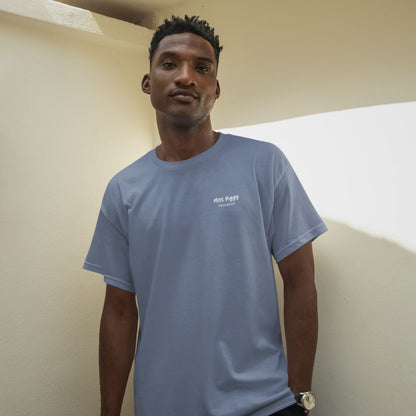 Unisex RETURN TO YOU Organic T-shirt in heather blue with white print, minimalist sustainable design by Miss Piggy.