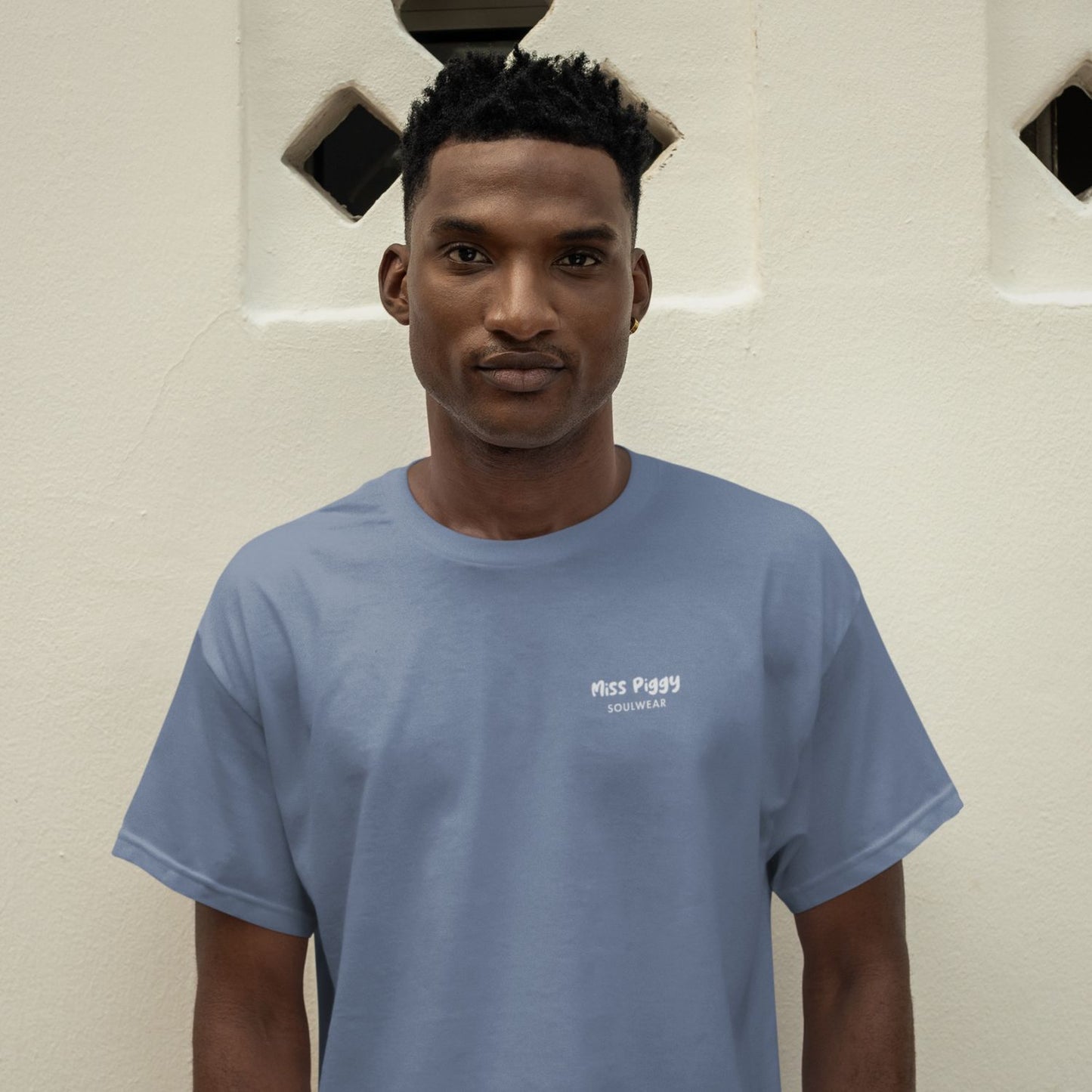 Unisex RETURN TO YOU Organic T-shirt in heather blue with white print, minimalist sustainable design by Miss Piggy.