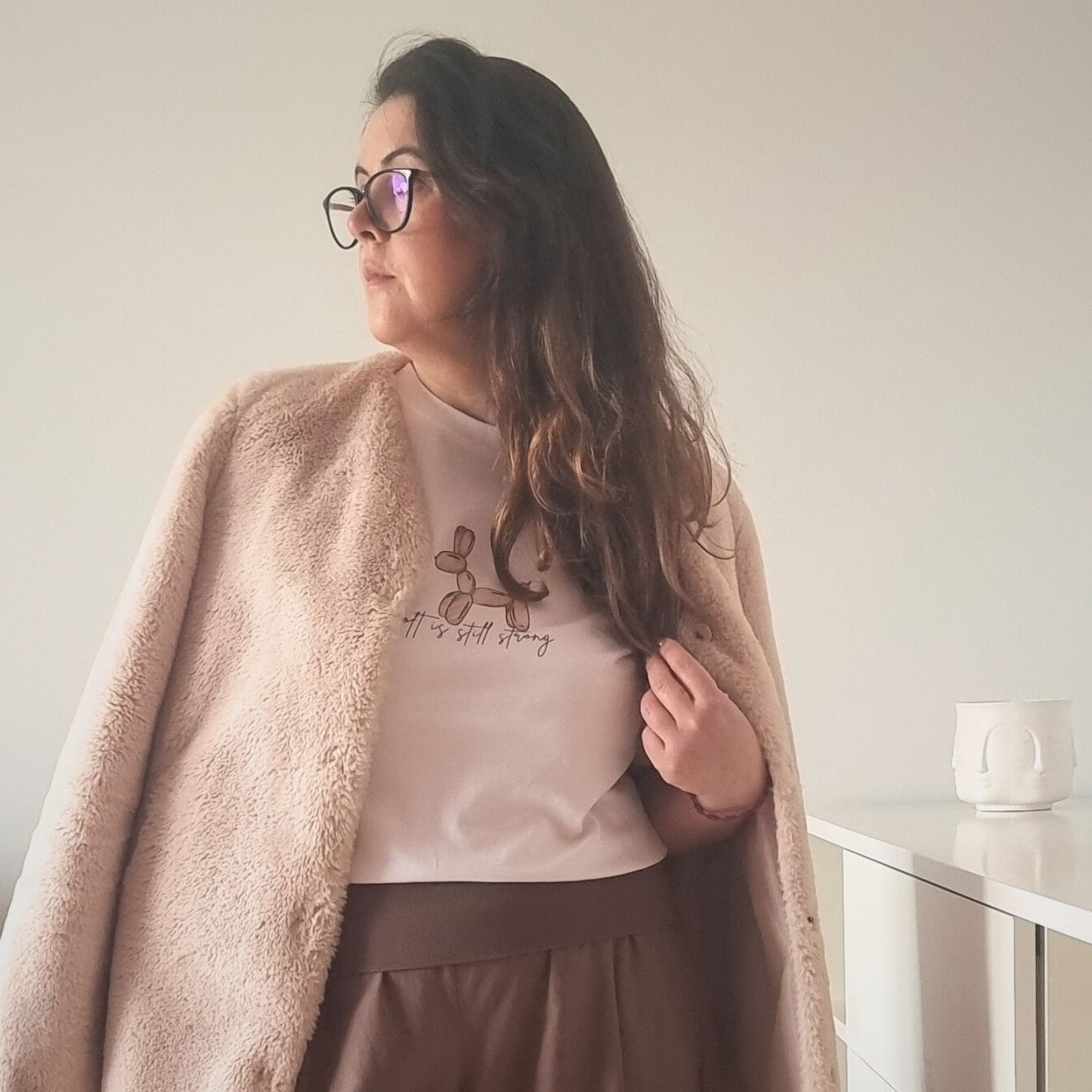 Unisex SOFT Organic T-shirt in white with brown print, minimalist sustainable design by Miss Piggy.