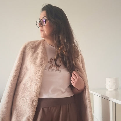 Unisex SOFT Organic T-shirt in white with brown print, minimalist sustainable design by Miss Piggy.