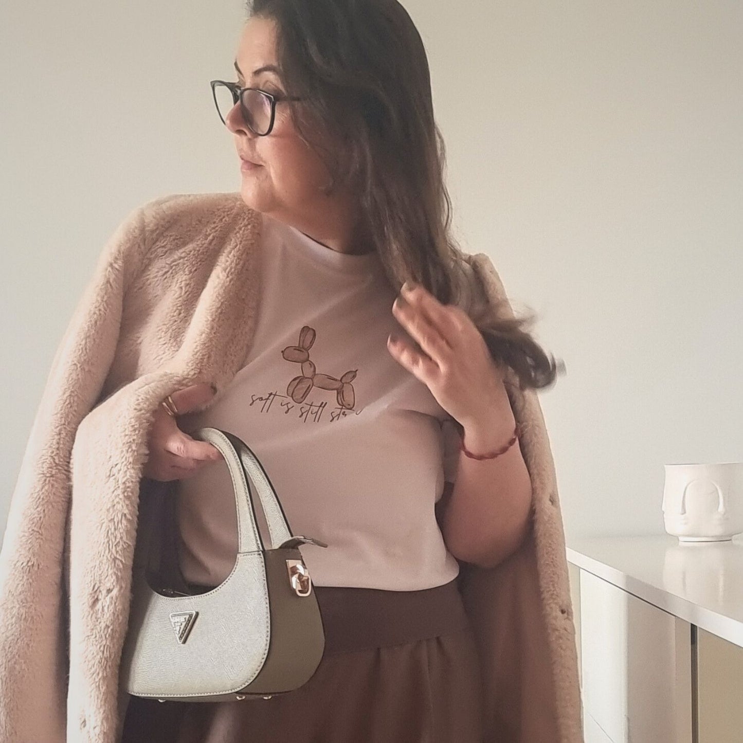 Unisex SOFT Organic T-shirt in white with brown print, minimalist sustainable design by Miss Piggy.